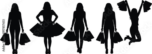 Black silhouette illustration of five shoppers holding bags in different poses, symbolizing shopping, retail, consumer behavior, excitement, and celebration