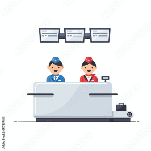 Modern Airport Check In Counter with Staff and Digital Displays