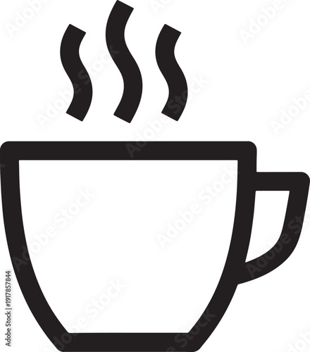 Minimalist black line icon representing a steaming hot cup of coffee or tea