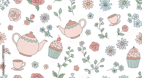 Tea party seamless pattern with teapots tea cups cupcakes and beautiful garden flowers in soft pastel colors for design