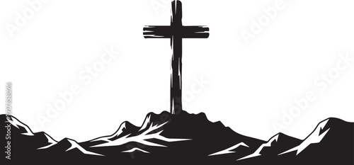Cross on hill silhouette vector illustration for religious design line art graphic