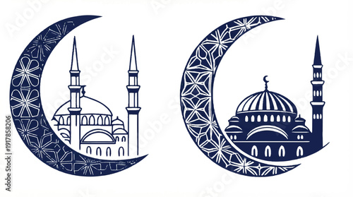 Islamic mosque and crescent moon illustrations with geometric patterns