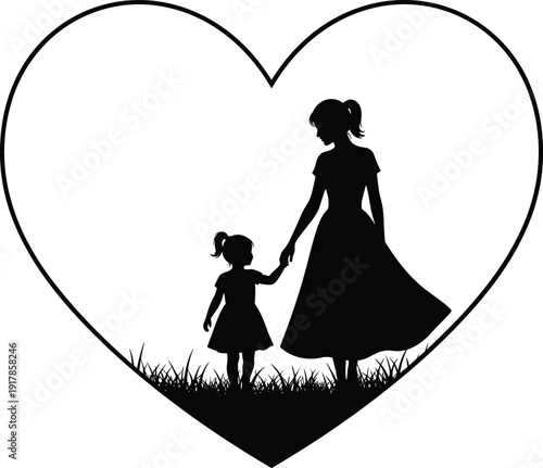 Black silhouette illustration of mother and daughter holding hands inside heart shape, symbolizing maternal love, family bonding, care, affection, and togetherness