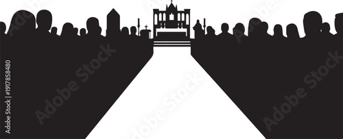 Religious event inside temple vector silhouette illustration with crowd and altar line art