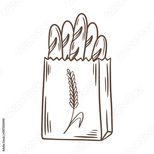 Fresh French loaves in paper bag. Doodle sketch style illustration. Eco-friendly packaging with a spike containing baguettes. Vector graphic