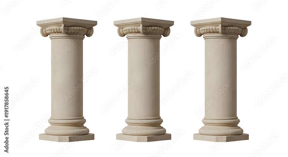 Obraz premium Three classical columns standing side by side in a row with uniform design. PNG isolated on transparent background 