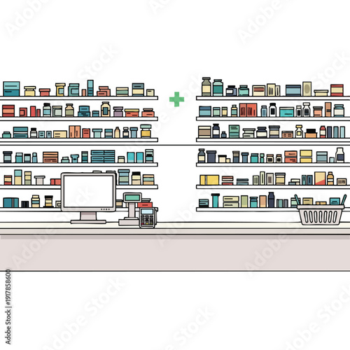 Modern Store Shelving with Various Products and Shopping Cart
