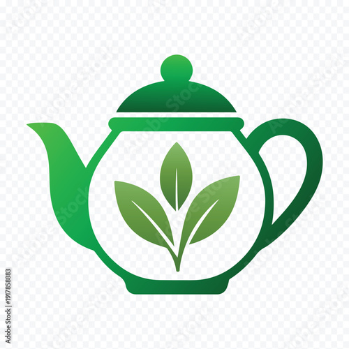 Green Tea Pot Icon with Herbal Leaf Design: Organic Teahouse Logo and Healthy Beverage Illustration