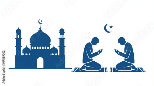 Islamic prayer scene with mosque and worshippers  religious ritual and architecture