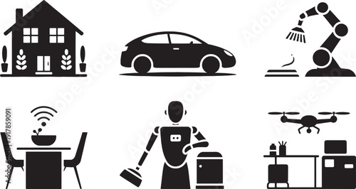 Smart home automation with house car robotic arm drone robot and kitchen appliances