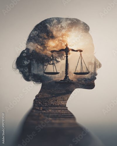 Justice and balance concept with double exposure human profile