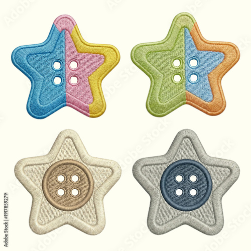 Set of Star-Shaped Fabric Buttons and Embroidered Patches