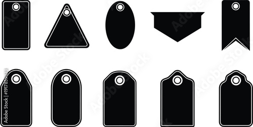 Black silhouette illustration of ten different tag shapes with white outlines, including rectangular, oval, triangular, and decorative forms, useful for labels, packaging, and graphic design