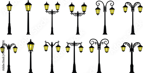 Black silhouette illustration of ten vintage street lamps with ornate designs, glowing lanterns, scrollwork, and decorative elements, symbolizing urban lighting and architectural style