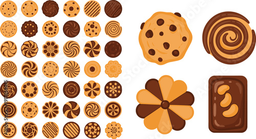 Chocolate Cookie and Biscuit Vector Set Featuring Assorted Shapes, Swirl Patterns, Chocolate Chips, and Sweet Bakery Treat Illustrations
