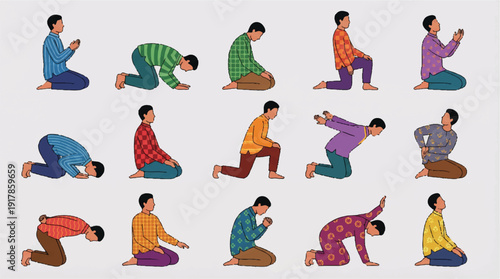 Man in various yoga poses and prayer positions on gray background