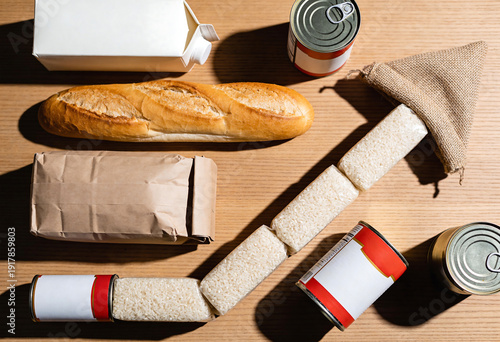 Food supplies and pantry staples arranged in an upward arrow shape on a wooden table