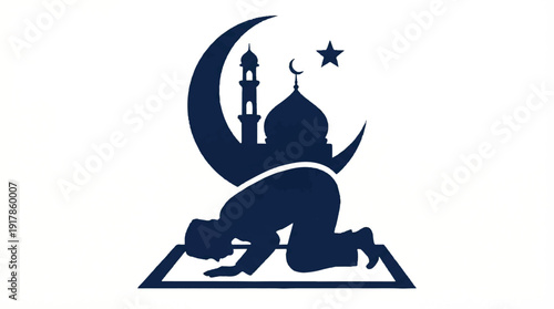 man praying on mat with mosque and crescent moon in background