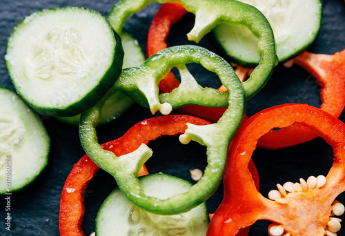 Close-up of sliced cucumbers and bell peppers arranged for healthy eating
