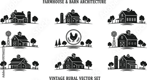 Vintage Rural Vector Set: Farmhouse and Barn Architecture Silhouette Collection