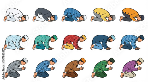 Muslim man in various prayer positions in different colors  Islamic worship