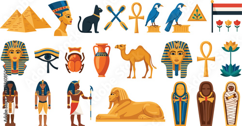 Ancient Egypt Icon Set with Pharaohs, Pyramids, Gods, Hieroglyphs, Ankh Symbols, Camels, Sarcophagi, and Historical Culture Elements