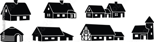 Collection of Traditional and Ethnic Dwelling Silhouettes Including Yurts and Rural Cottages
