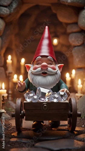 A cute cartoon gnome with a cart and diamonds in a dungeon, 3D animation