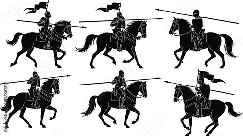 Black silhouette illustrations of medieval knights on horseback with lances and flags, vector historical artwork for chivalry, jousting, warfare, tournaments, and creative design projects