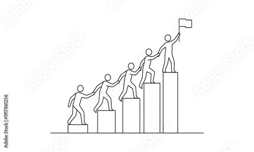 Single continuous line drawing of team members holding hands together following their leader who hold flag climbing up stairs. Teamwork concept one line draw with a modern