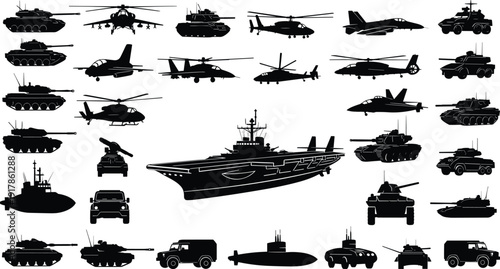 Black silhouette illustrations of military vehicles and aircraft including tanks, helicopters, jets, submarines, and aircraft carrier 