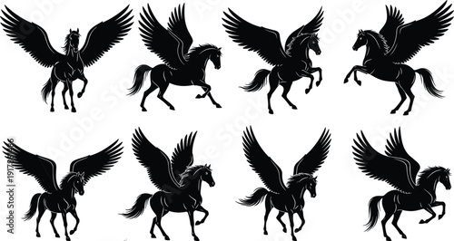 Black silhouette illustrations of Pegasus winged horses in dynamic poses with feathered wings, rearing, trotting, and flying, ideal for fantasy, mythology, and artistic design.
