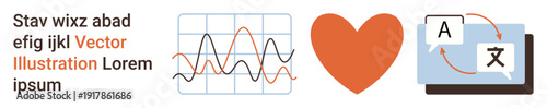 Analytics, communication tools, translation services, data visualization, language, global connectivity. Data graph, heart symbol and translation icons. Analytics and communication tools concept