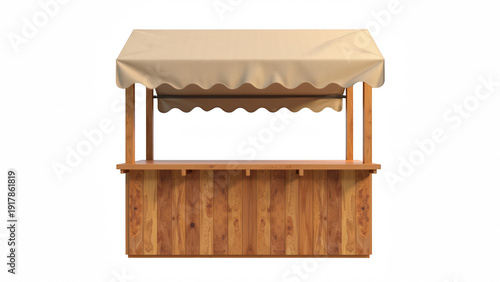 Wooden market stall with beige canopy rustic counter outdoor vendor booth empty front view natural wood simple design inviting