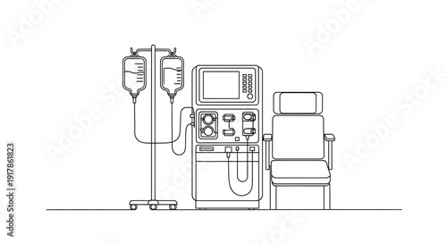 Dialysis machine and IV drip with patient chair, medical illustration
