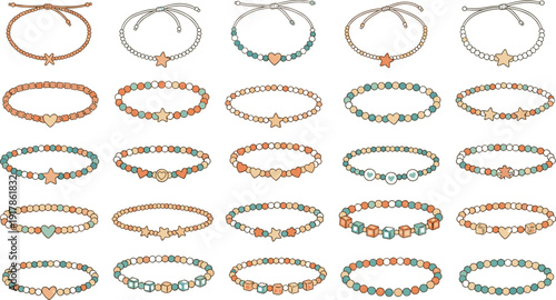 Beaded Bracelet Jewelry Vector Set Featuring Heart and Star Charms, Adjustable Cord Bangles, and Colorful Handmade Fashion Accessories