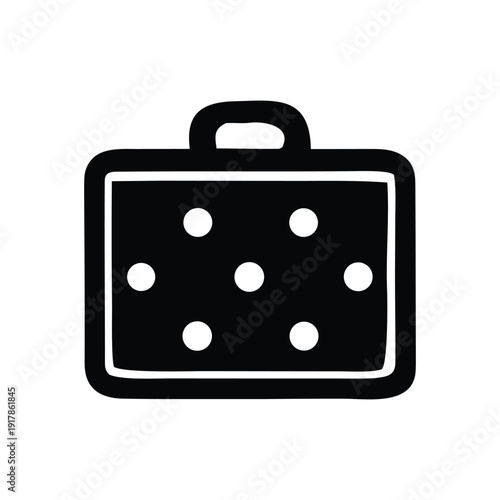 Simple black and white icon representing a suitcase with circular embellishments, perfect for travel, adventure, and luggage-related concepts, highlighting a minimalist design aesthetic
