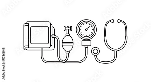 Medical Equipment: Stethoscope and Blood Pressure Monitor Line Art