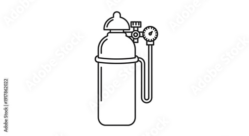 Medical Oxygen Tank Icon with Pressure Gauge, Black and White Line Art