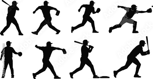 Black silhouettes of baseball players in dynamic action poses including batting, pitching, fielding, and catching, ideal for sports design, athletic artwork, and educational projects.