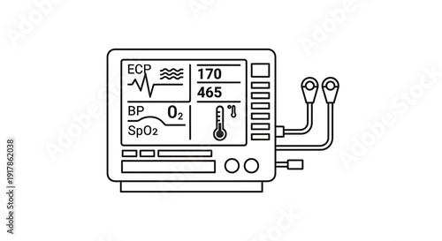 Medical Monitor Icon: Vital Signs ECG, BP, SpO2, Temperature - Black and White Line Art
