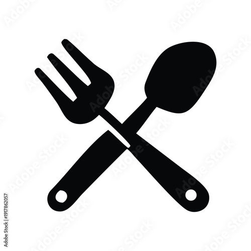 Simple and elegant black icon of a fork and spoon crossed, representing food, dining, and culinary themes