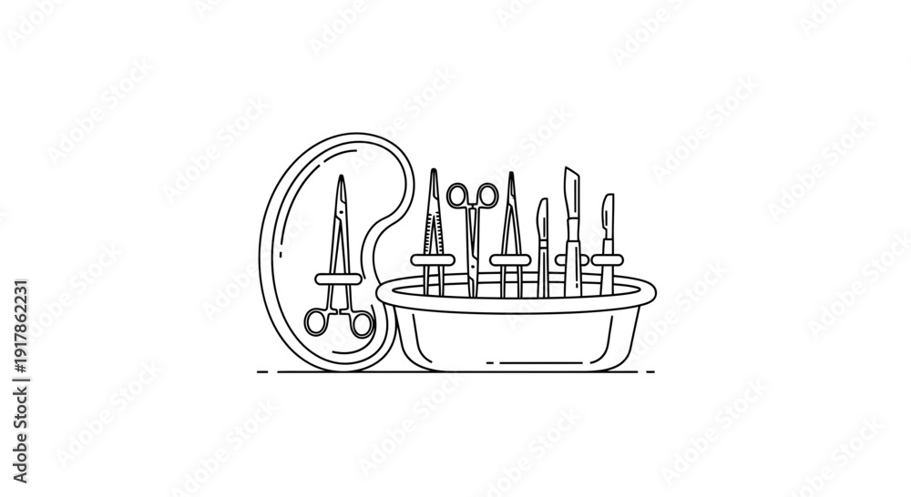 Naklejka premium Surgical Instruments Set Outline Medical Tools in Tray