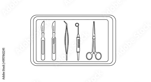 Surgical Instruments on Tray - Black and White Line Drawing