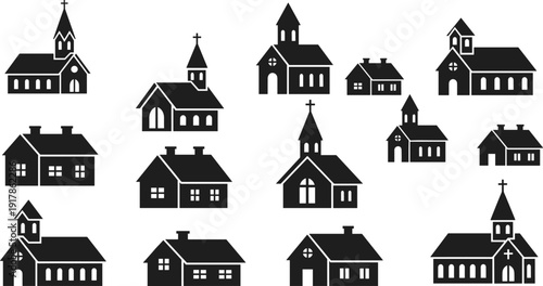 Collection of Minimalist Church and Rural Cottage Silhouette Icons