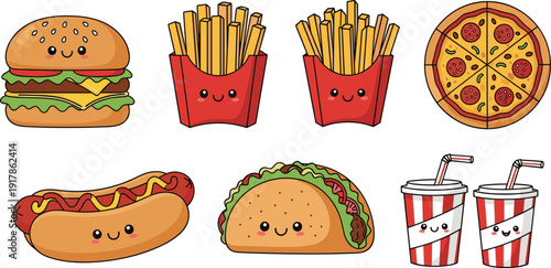 Cartoon fast food characters with smiling faces, hamburger, fries, pizza, hot dog, taco, and soda cups, playful vector illustration for children and marketing themes