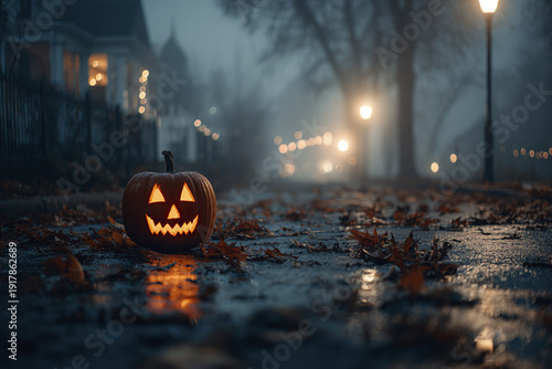 Glowing carved pumpkin with spooky face on wet street covered with fallen leaves at night, creating eerie Halloween atmosphere with blurred lights and fog in background