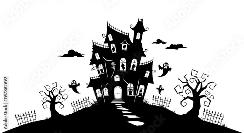 Scary Haunted House Silhouette with Ghosts and Monsters – Halloween Spooky Vector Illustration