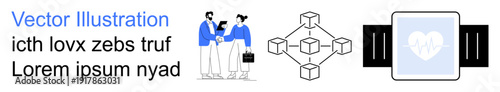 Cryptocurrency, health tech, collaboration, remote work, innovation, digital tools. People discussing, blockchain diagram smartwatch with heart symbol. Blockchain and health tech concept
