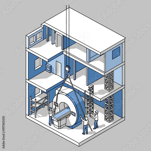 Isometric illustration of a three-story building under construction with workers and machinery.